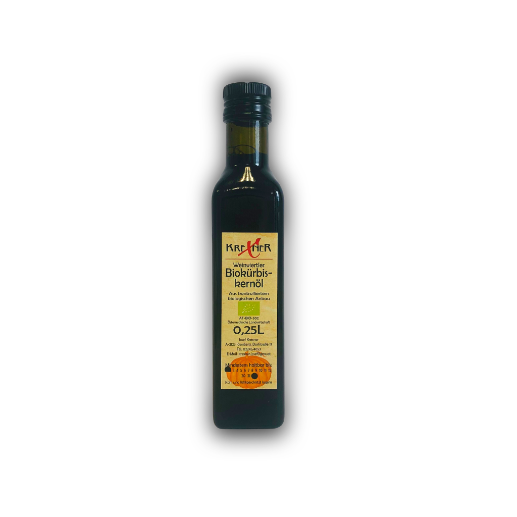 Weinviertler Bio Kürbiskernöl erhältlich in Mödling in der 250 ml Glasflasche