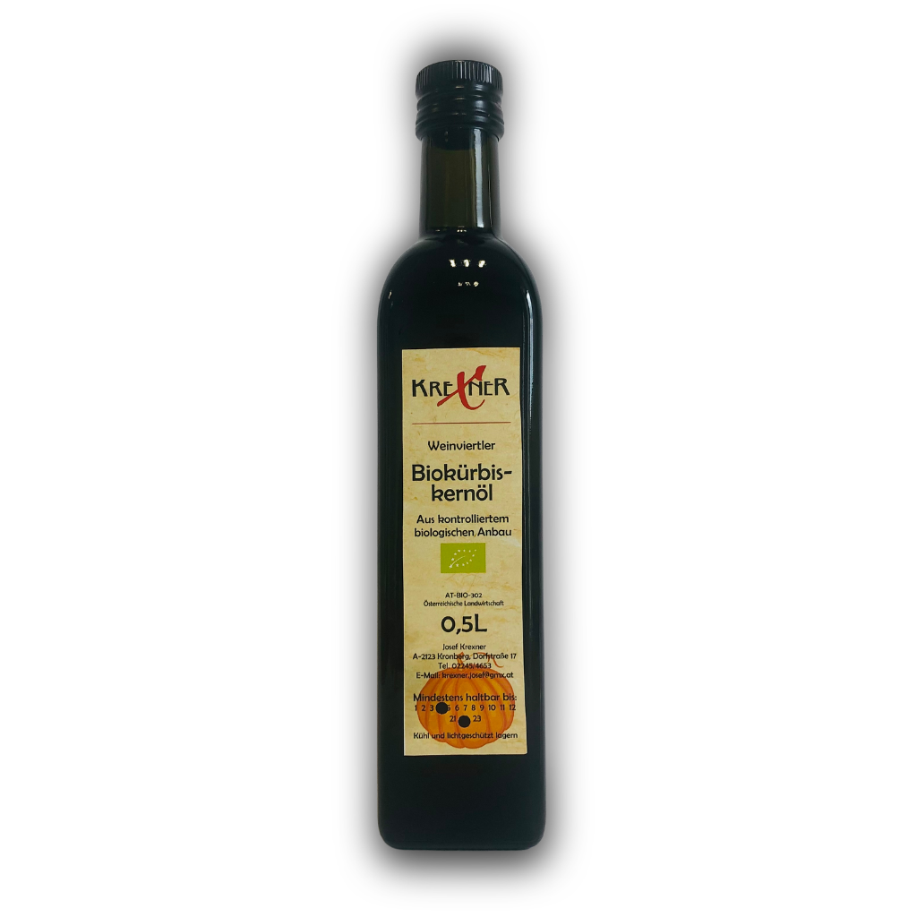 Weinviertler Bio Kürbiskernöl erhältlich in Mödling in der 500 ml Glasflasche